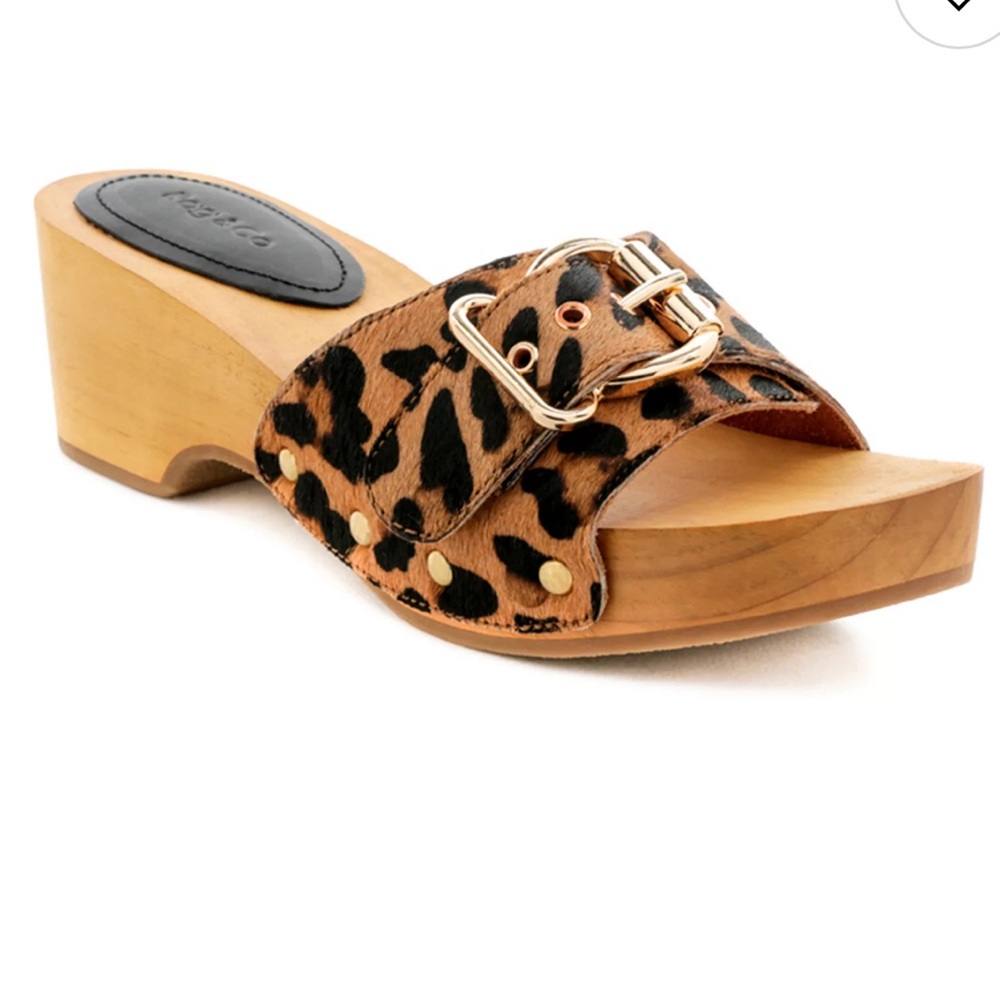 Rag & Co Leopard Print Mules with Wooden Heel